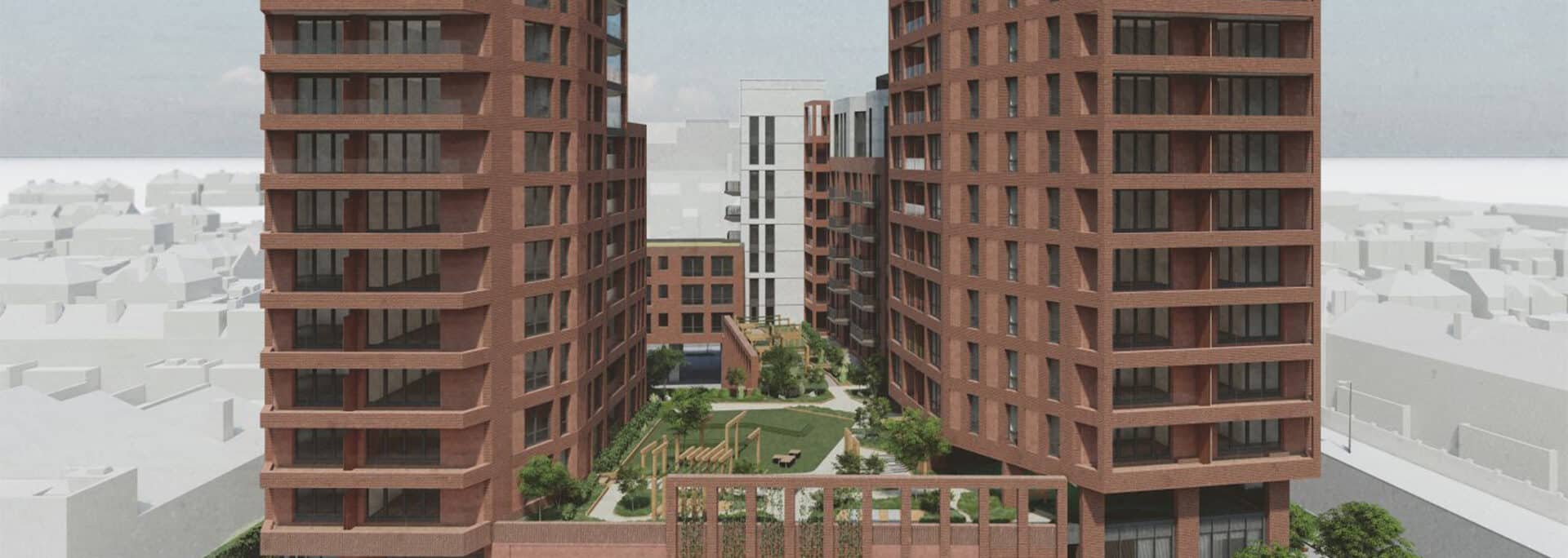 Architectural visualisation of Symal Court on Edgware Road showing two tall residential towers with brick façades, central courtyard with landscaping, and lower-rise connecting structures.