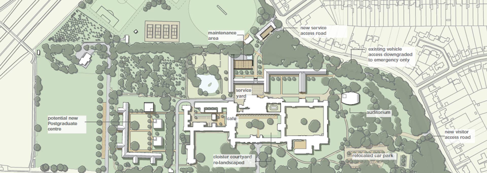 Girton College masterplan showing relocated sports pitches, maintenance area, service yard, café, cloister courtyard, visitor access roads, car park, and auditorium layout.