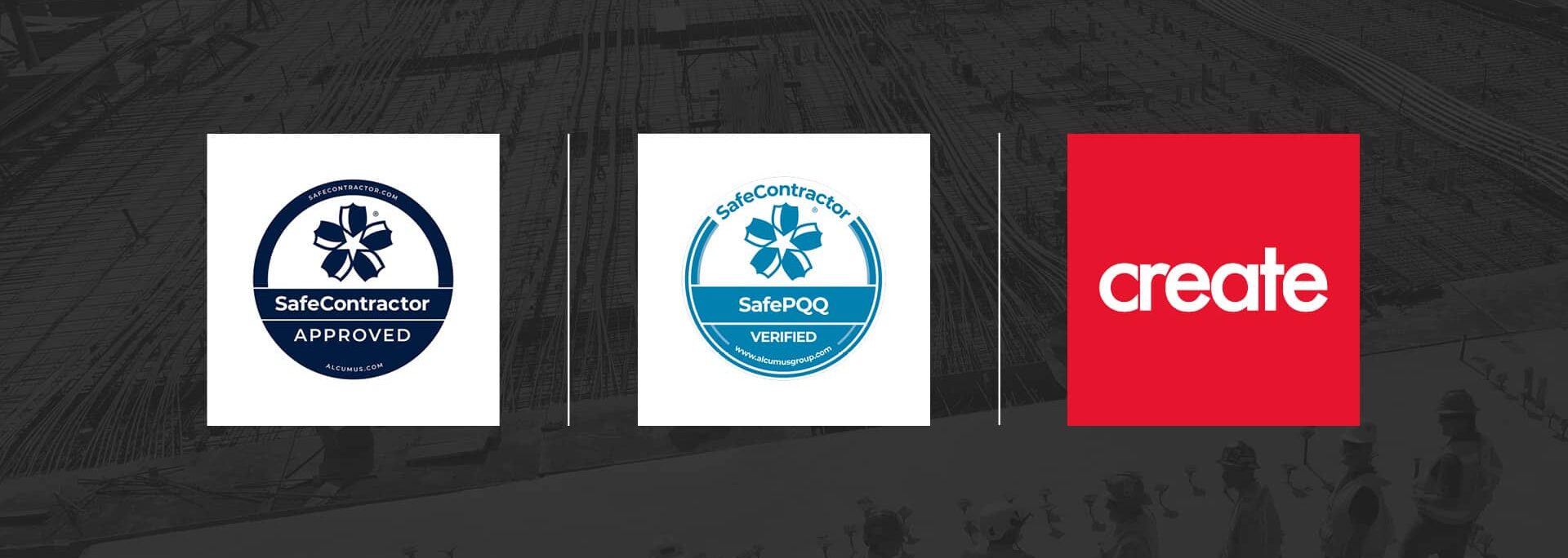 SafeContractor Approved and SafePQQ Verified badges alongside Create Consulting Engineers logo, demonstrating accreditation and quality standards.