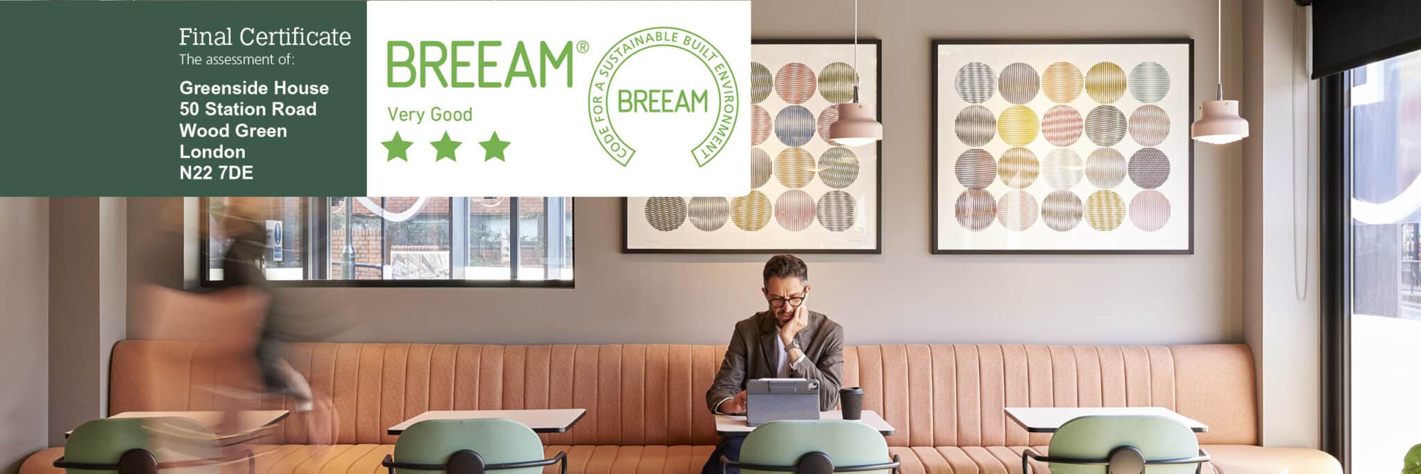 Clockwise Wood Green office interior displaying BREEAM 'Very Good' certification with three-star rating and sustainable building credential signage.