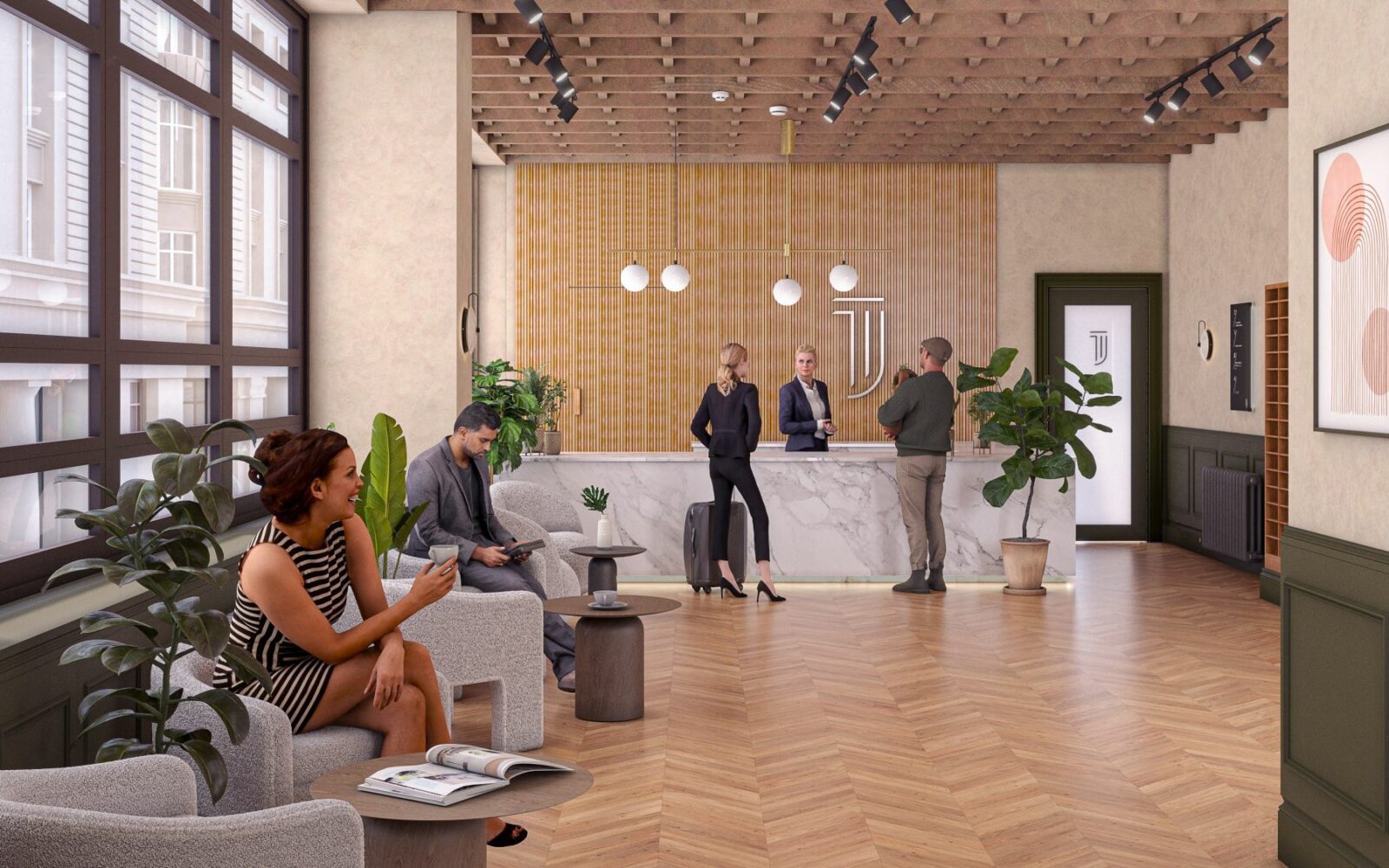The James Birmingham co-living scheme reception area with marble desk, wooden ceiling, seating, and planted greenery.
