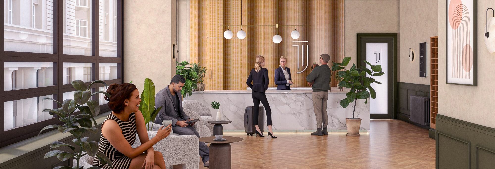 The James Birmingham co-living scheme reception area with marble desk, wooden ceiling, seating, and planted greenery.