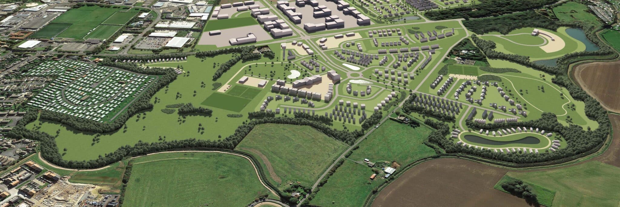 Aerial map of proposed Skegness Gateway development showing residential areas, water management infrastructure, and flood risk mitigation features.