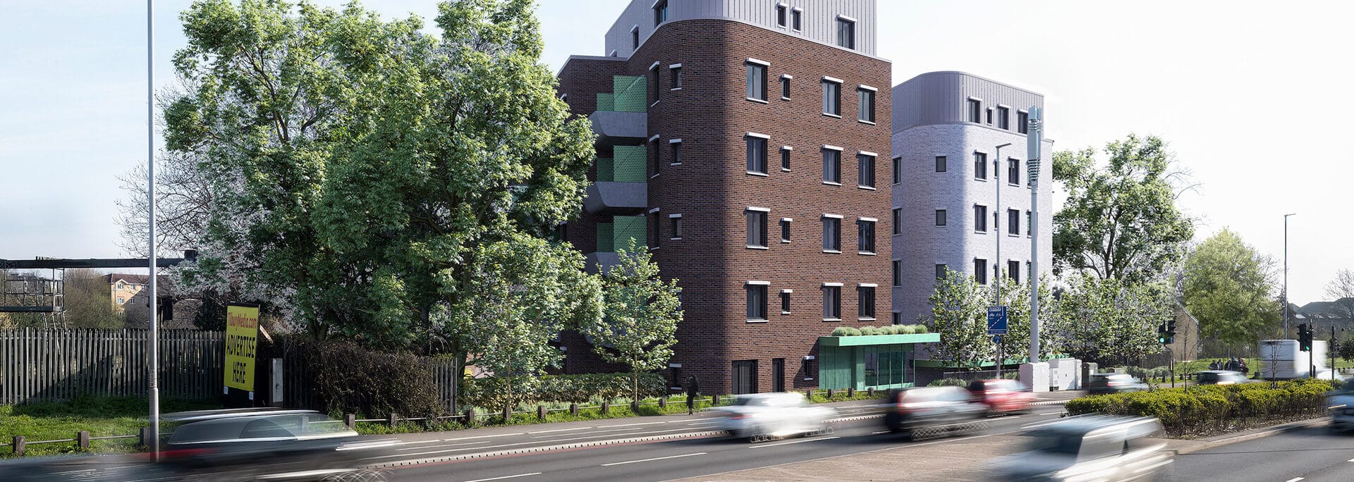 Modern residential development at Palmerston Crescent, Palmers Green, featuring brick construction with curved metallic upper storeys and ground-floor commercial space.