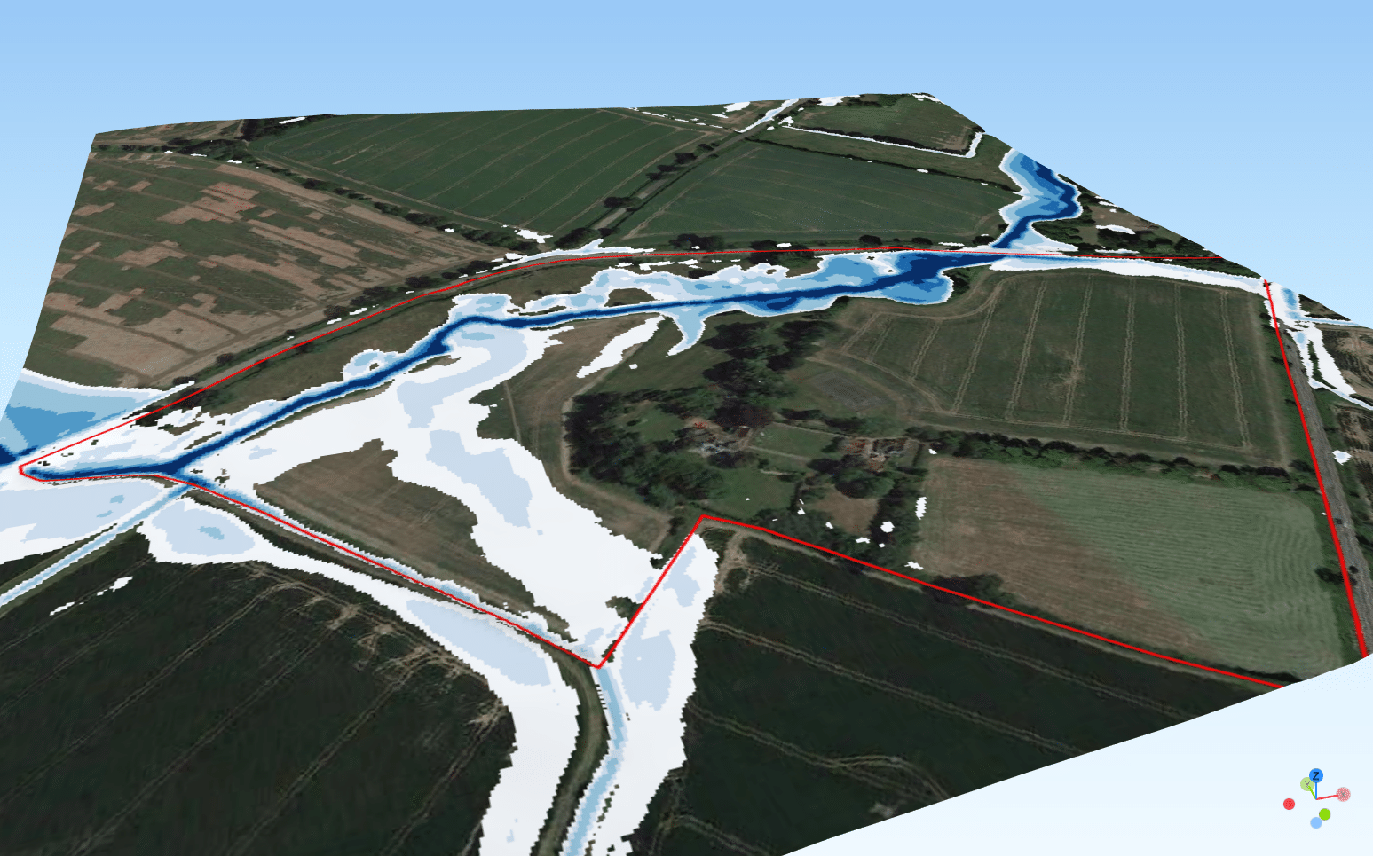 Aerial view of Riseley Brooke flood relief scheme showing blue water channels, red boundary lines, and surrounding agricultural fields.