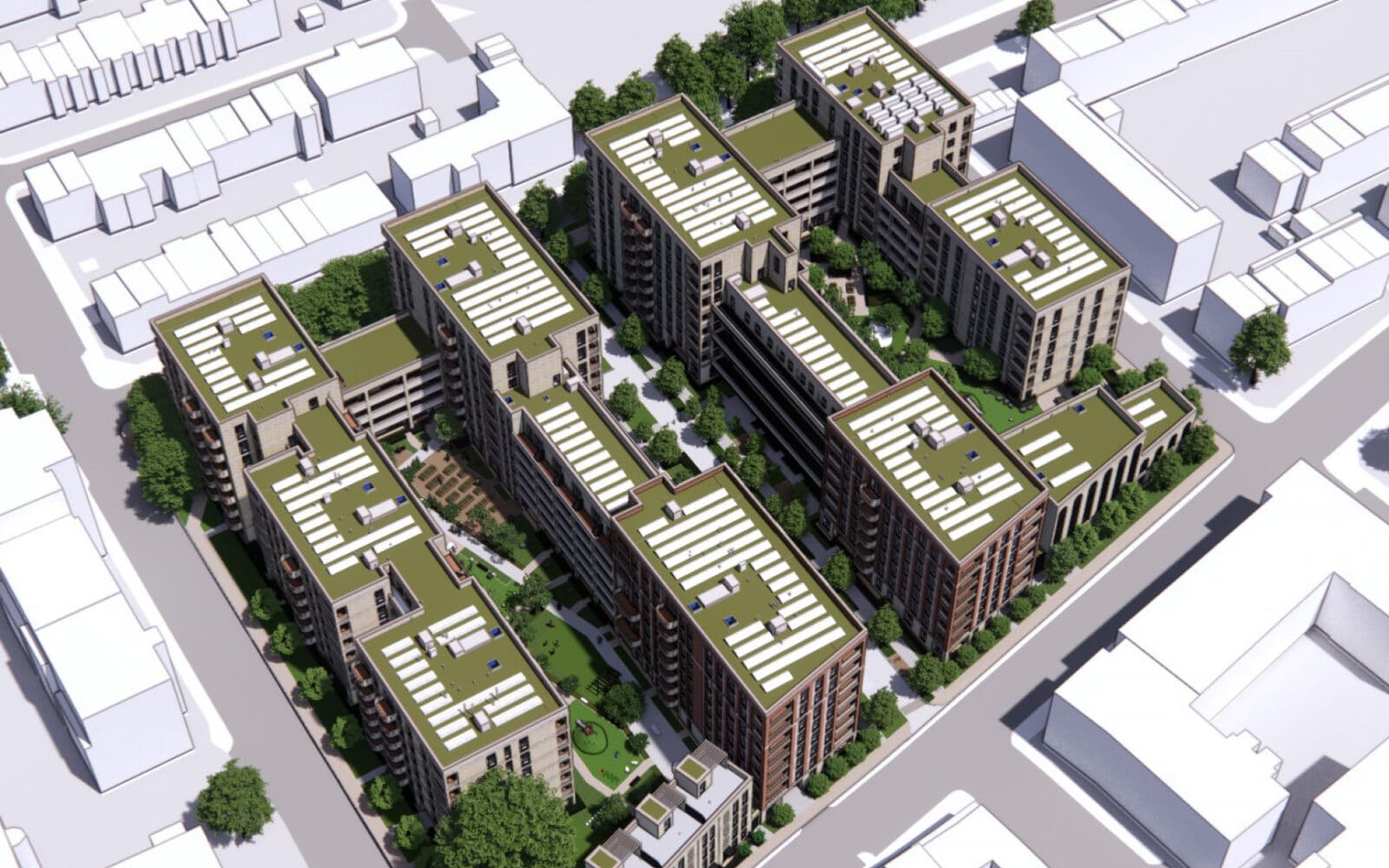 Aerial view of Clichy Estate regeneration project showing multiple residential apartment buildings with green roofs and landscaping in Tower Hamlets, London.