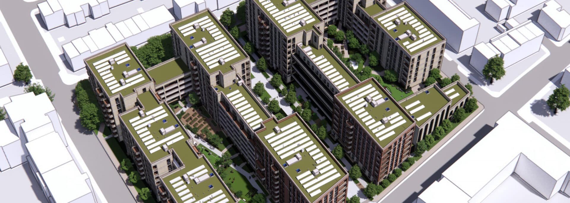 Aerial view of Clichy Estate regeneration project showing multiple residential apartment buildings with green roofs and landscaping in Tower Hamlets, London.