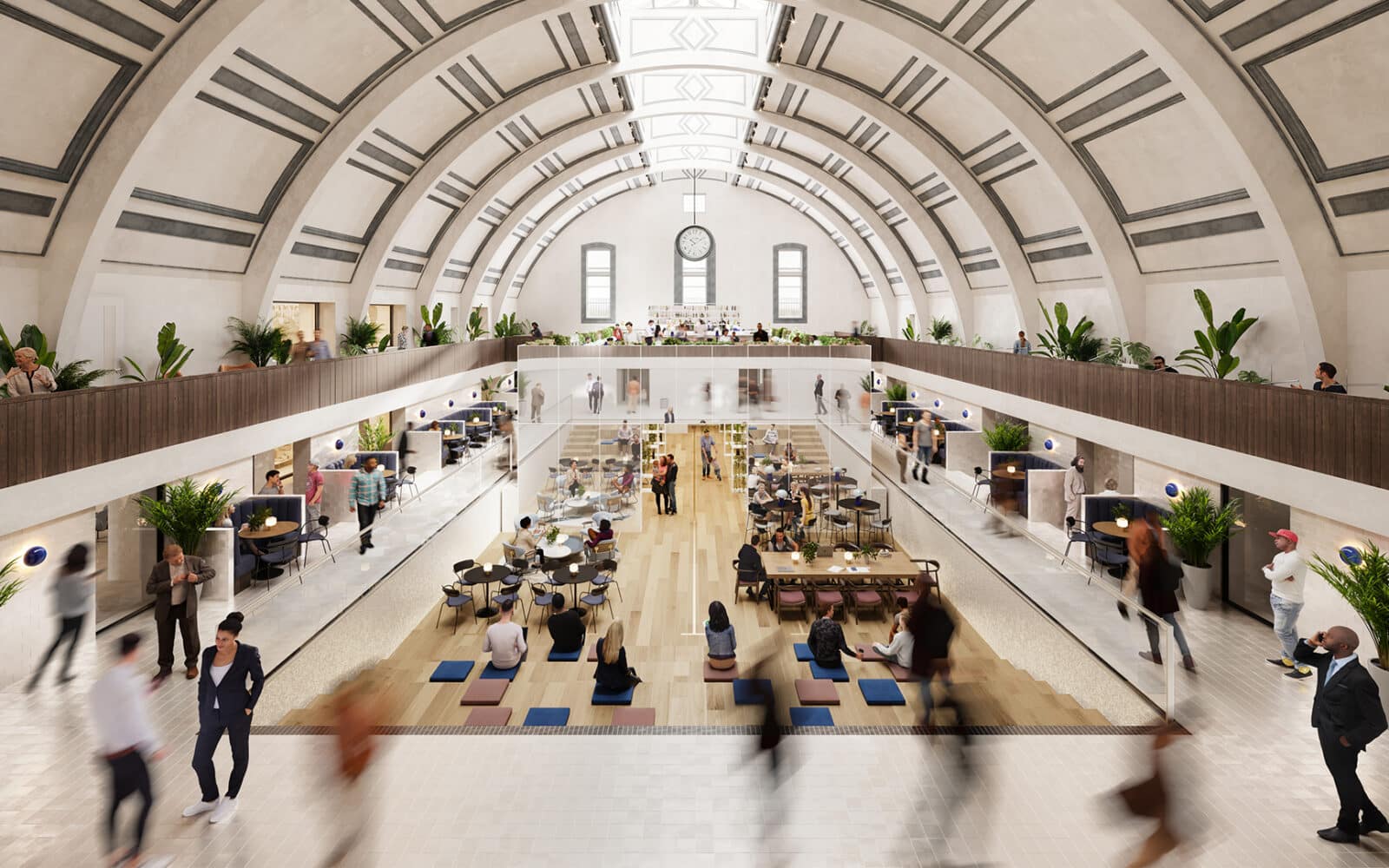 Architectural rendering of Haggerston Baths redevelopment showing multi-level interior with arched ceiling, office spaces, and communal areas.