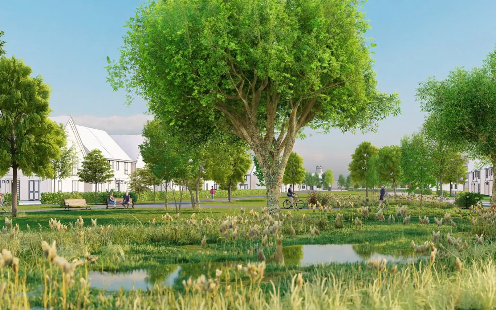 Soham Eastern Gateway neighbourhood design featuring residential properties, mature trees, wetland planting, and community spaces alongside new medical facilities.