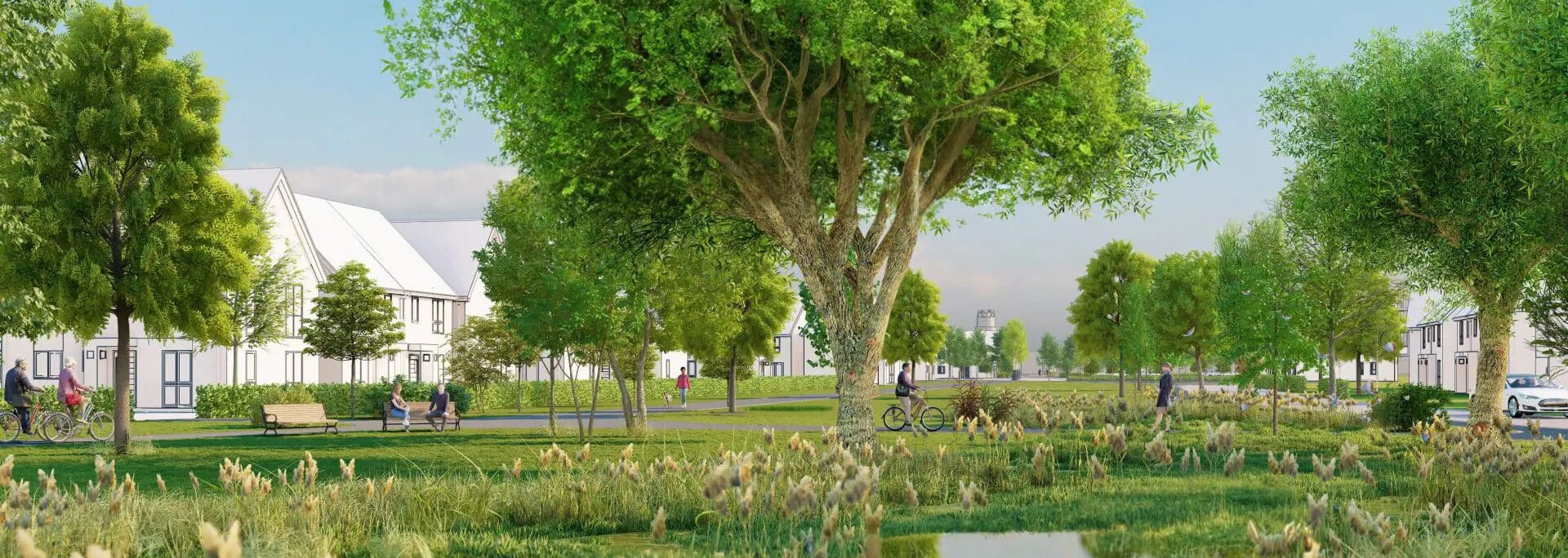 Soham Eastern Gateway neighbourhood design featuring residential properties, mature trees, wetland planting, and community spaces alongside new medical facilities.