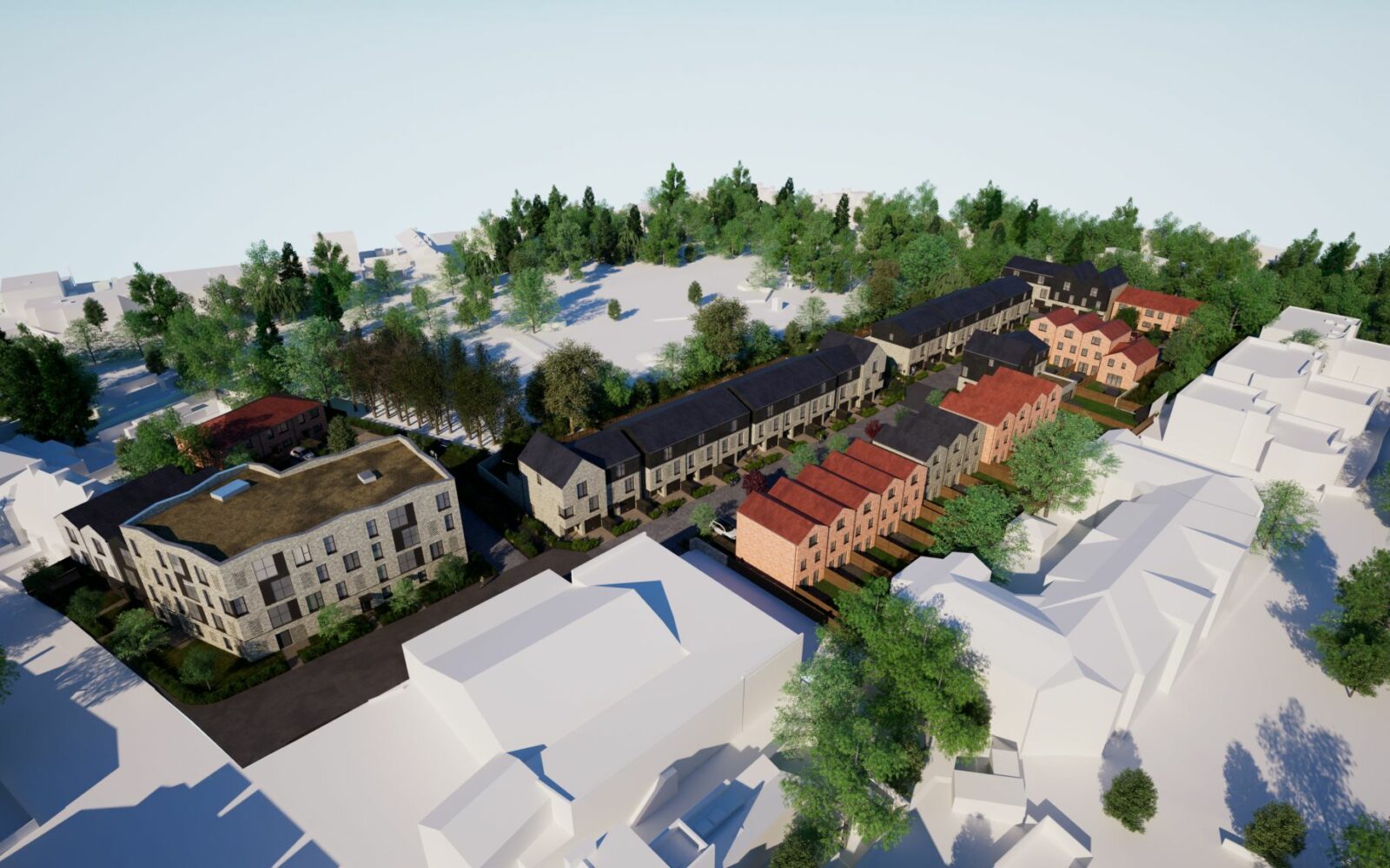 Aerial rendering of Cambridge Investment Partnership residential development at Histon Road, Cambridge, showing mixed-use buildings, landscaping, and public spaces.