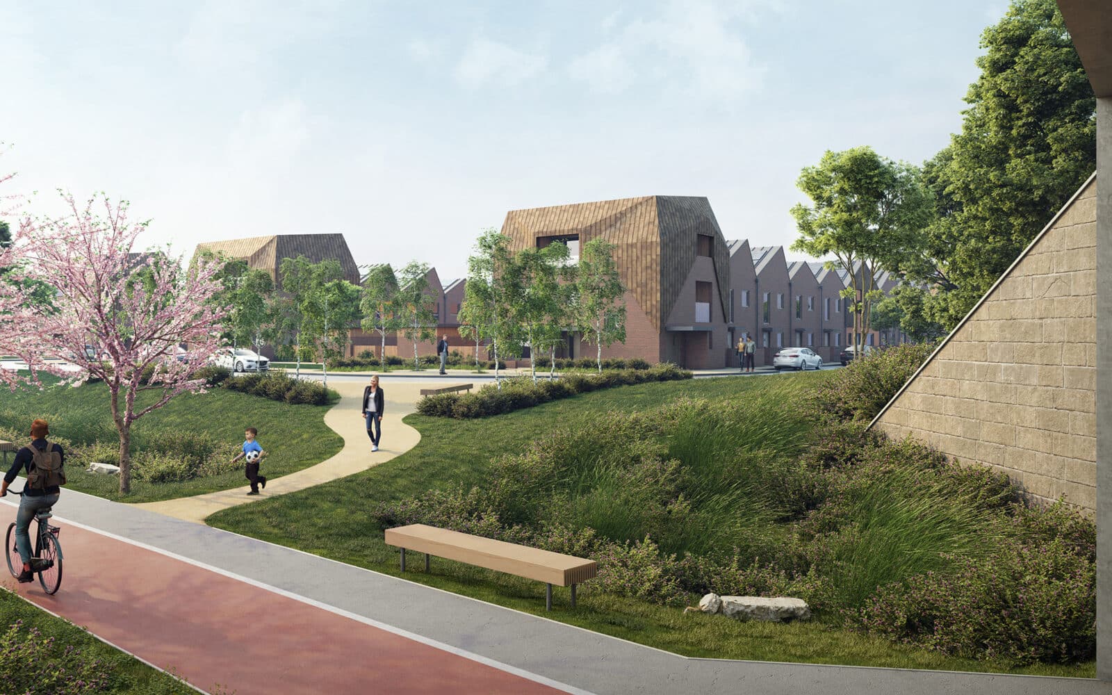 Mile Cross Depot redevelopment masterplan showing residential buildings with pitched roofs, landscaped grounds, cycling paths, and green spaces in Norwich.