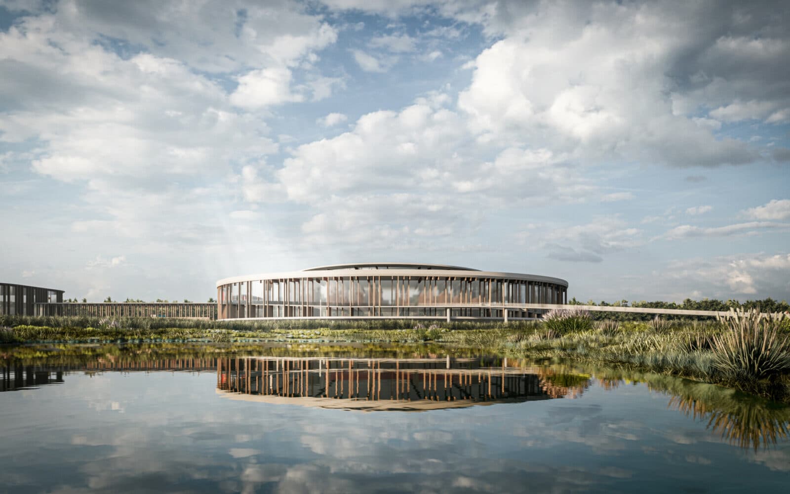 Brompton's innovative new headquarters building with curved glass façade reflected in wetland pond, surrounded by native vegetation and landscape design.