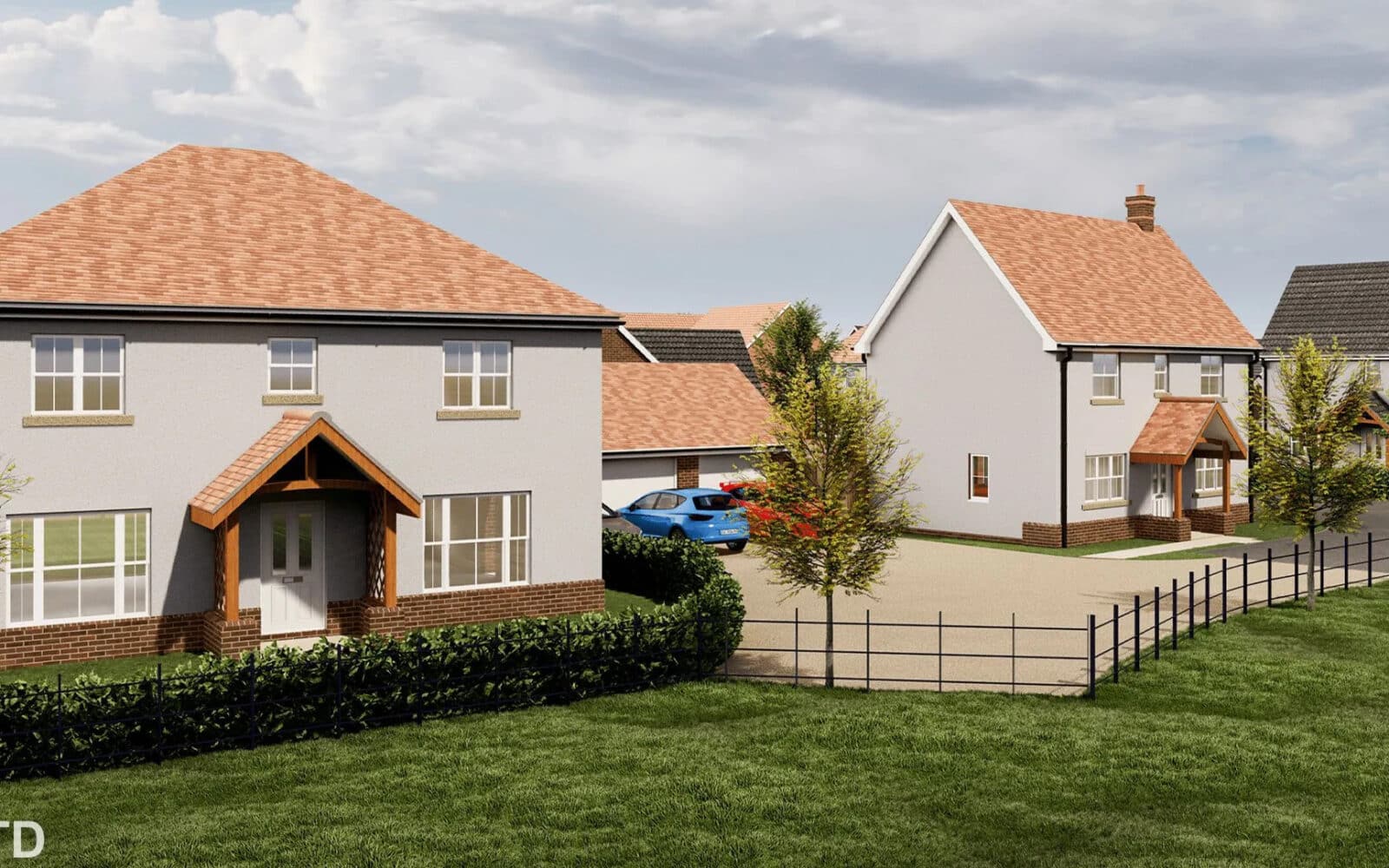 Saxon Fields residential development featuring two modern detached houses with rendered walls, pitched roofs, and brick detailing on a landscaped site.