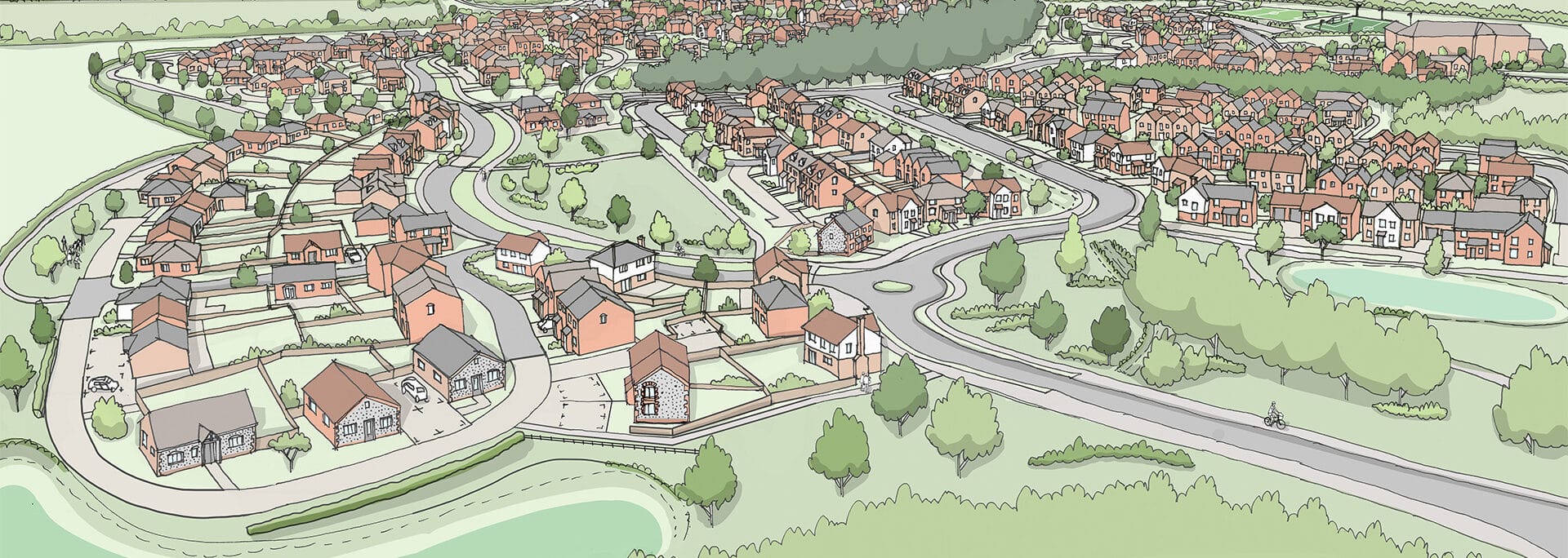 Aerial illustration of Cromer mixed-use development site showing residential housing layout, roads, and surrounding landscape integration.