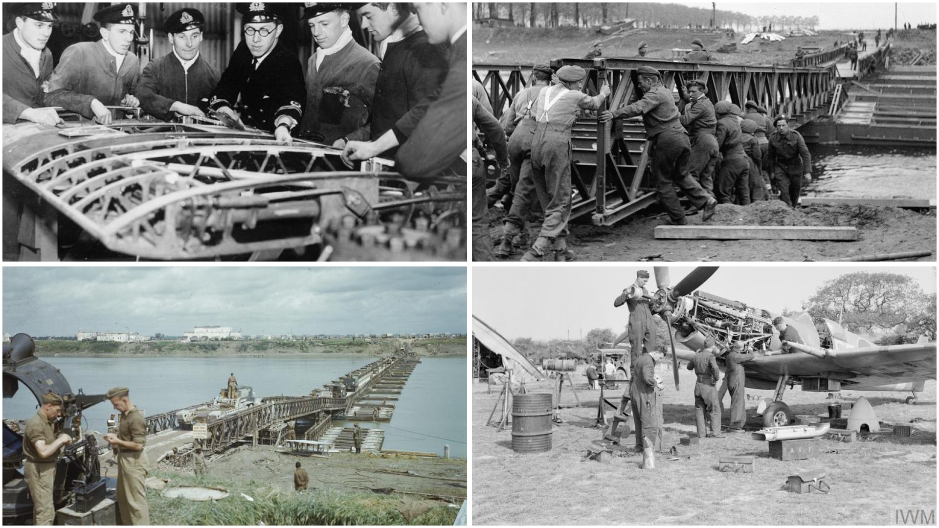 A collage of four WWII-era photos showing soldiers constructing bridges, inspecting aircraft parts, and repairing a plane outdoors.