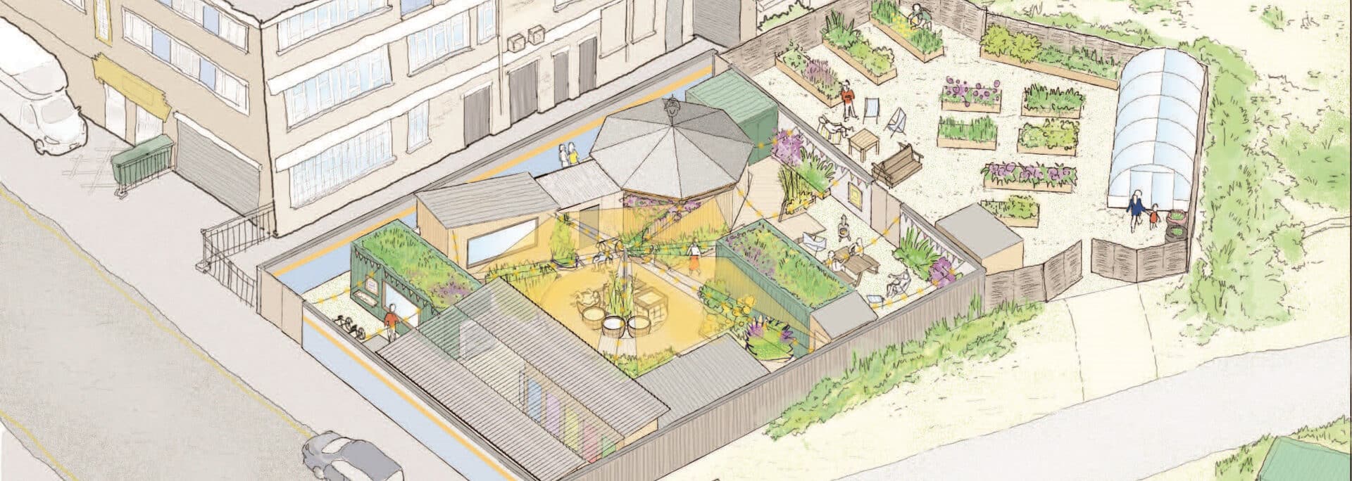 Isometric illustration of approved community sauna and garden scheme with raised beds, seating areas, and landscaping in Waltham Forest.