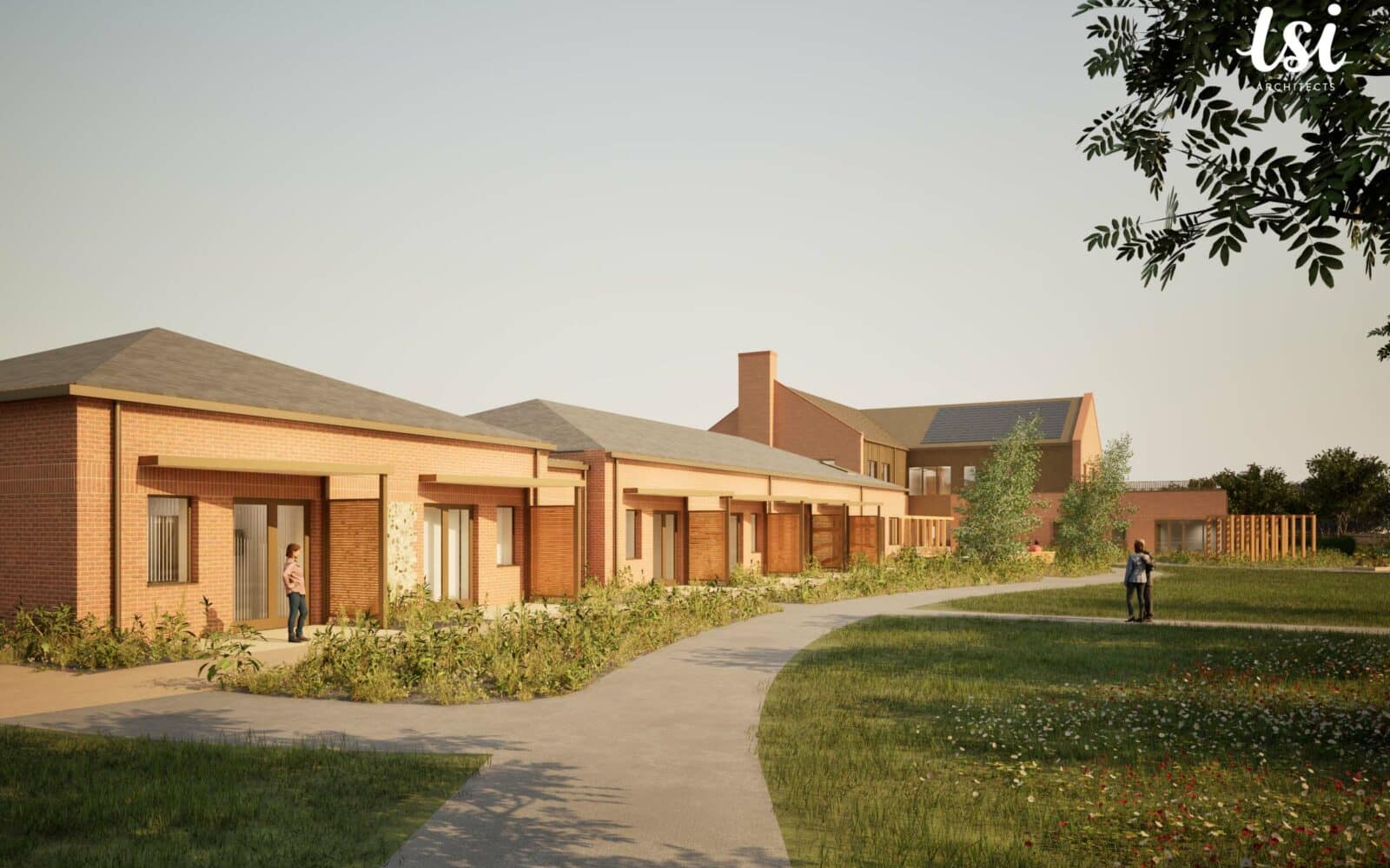 Architectural rendering of Gorleston community hospice showing single-storey red brick building with courtyard design and landscaping.