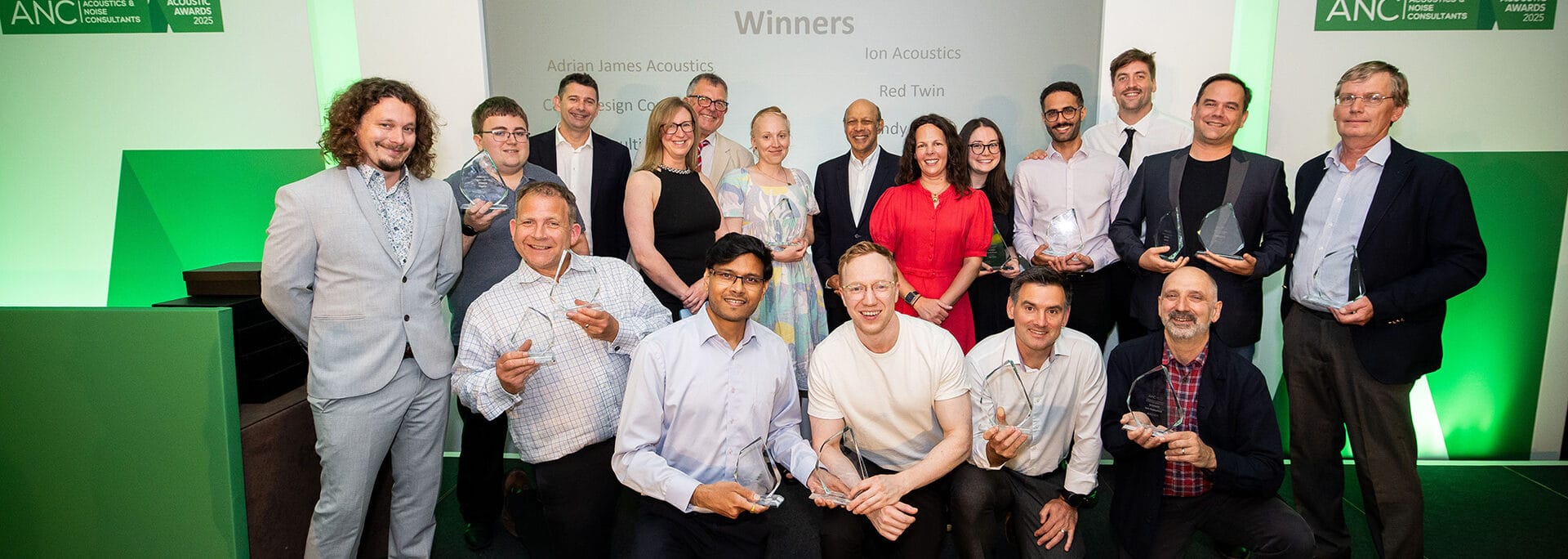 Create Consulting Engineers acoustics team celebrates joint winner status at the 2025 ANC Awards ceremony.