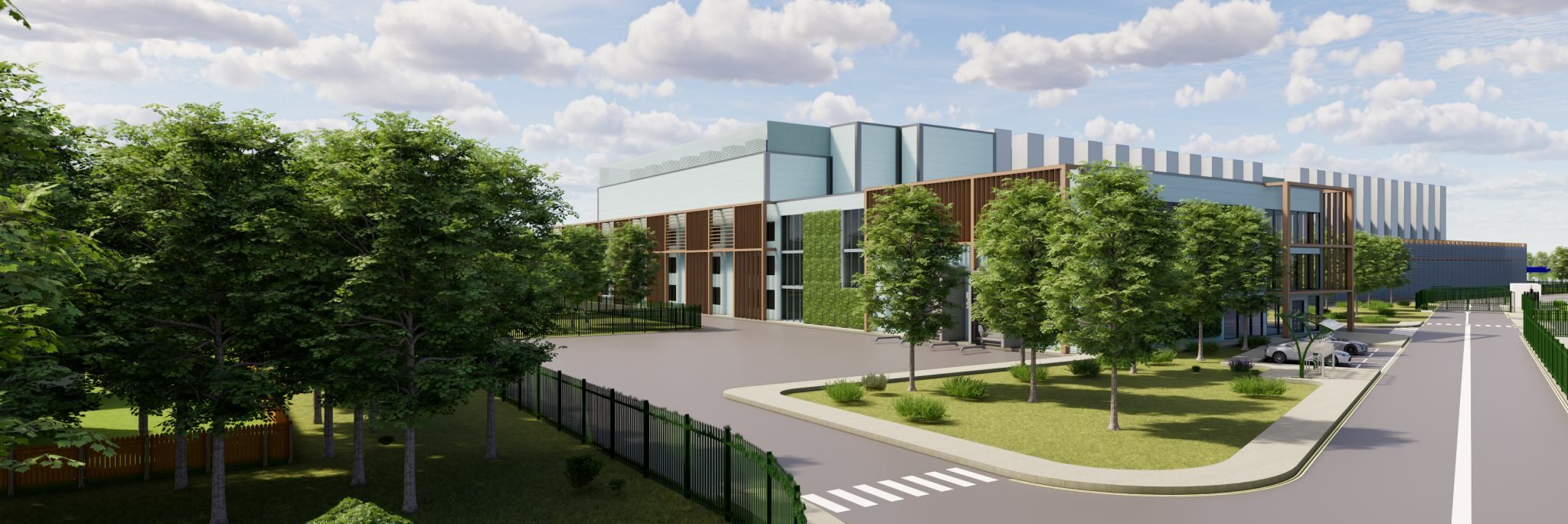 Architectural rendering of Basildon Data Centre development, featuring modern industrial building with green features and integrated landscaping.