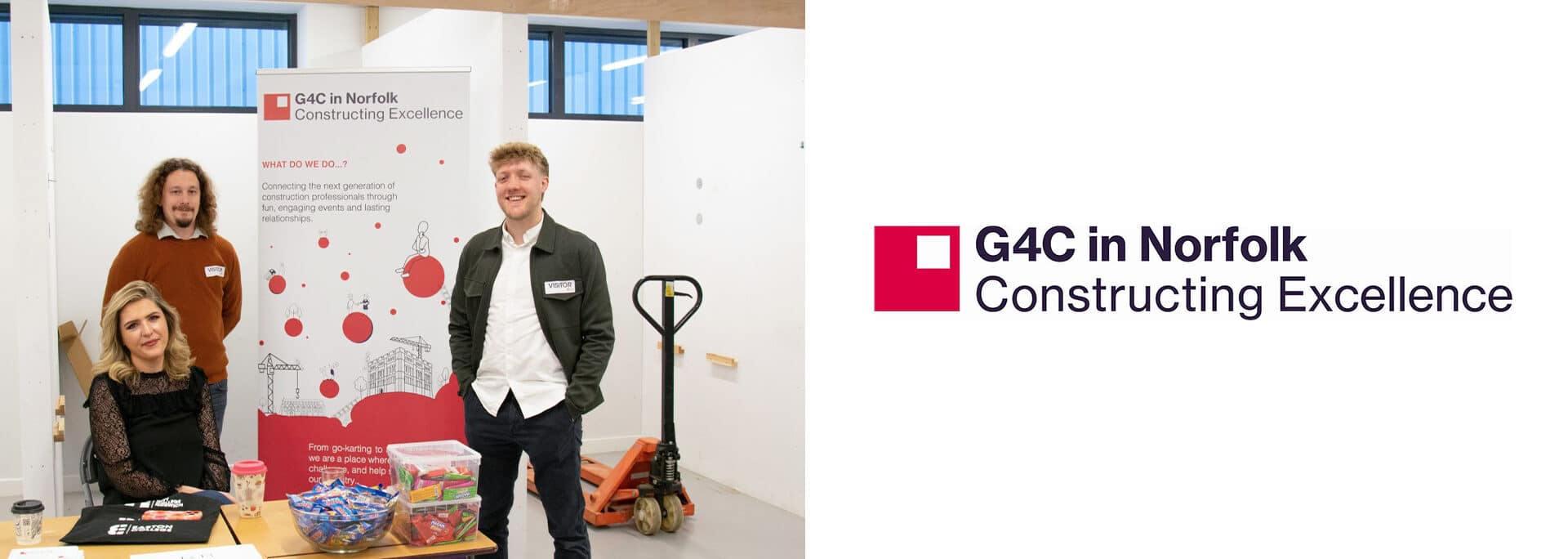 Mat Tuora at G4C in Norfolk exhibition stand with colleagues and promotional materials.