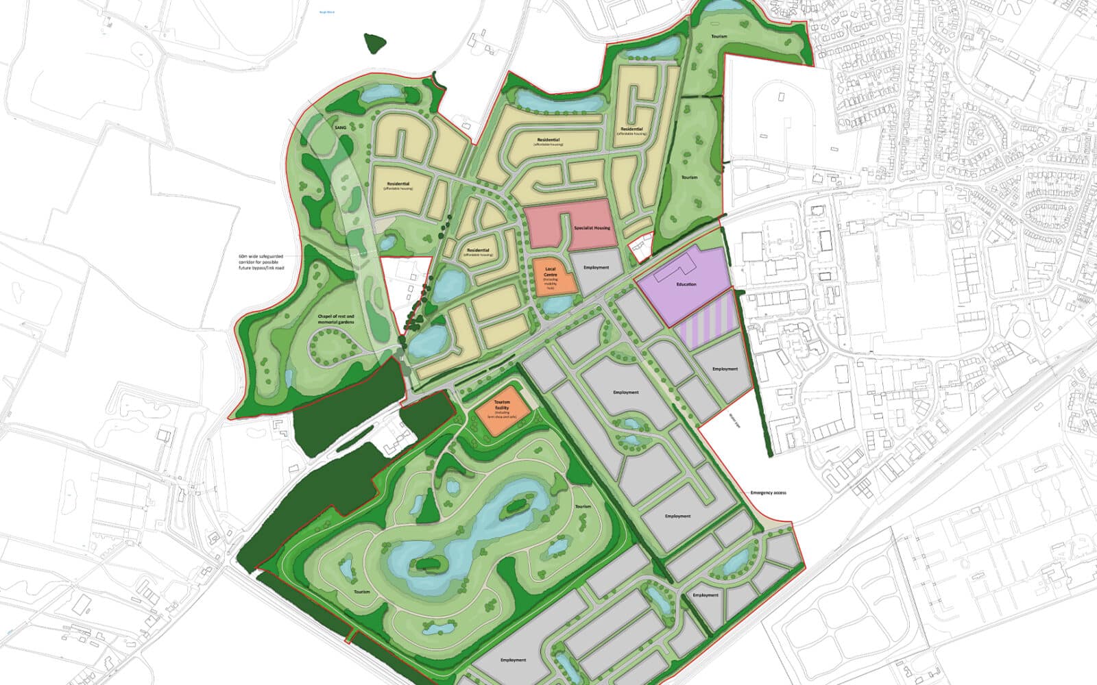 Skegness Gateway masterplan showing residential, employment, education, and recreational zones with integrated green infrastructure and water features.