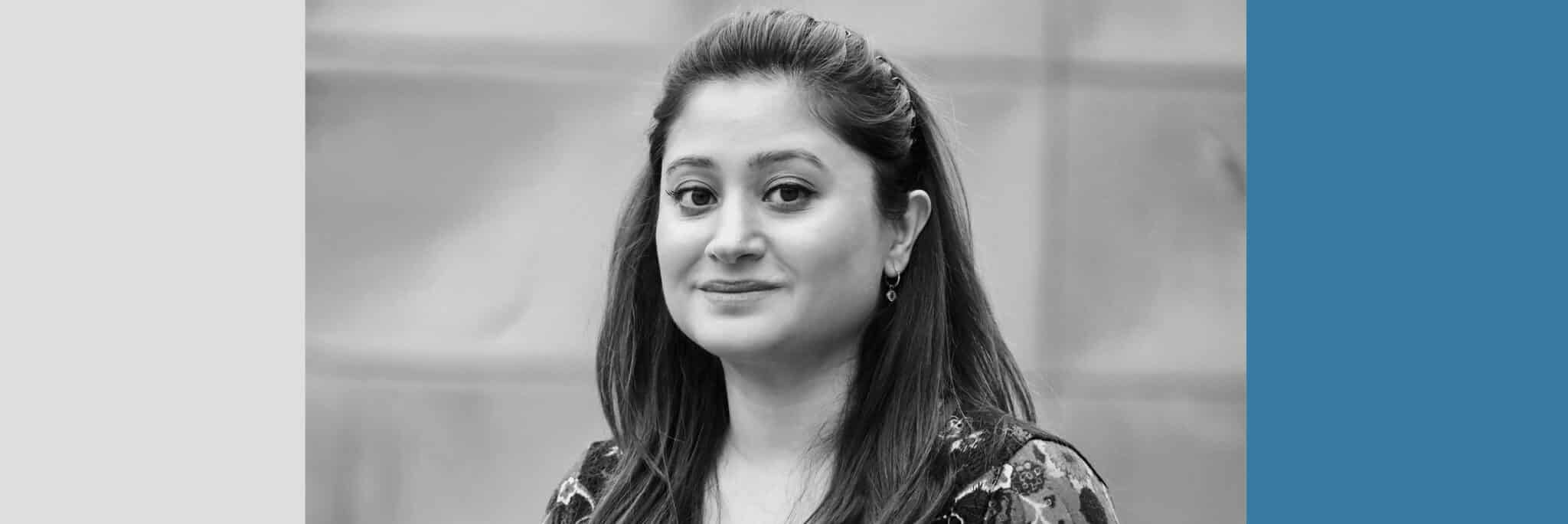 Professional portrait of Dr Saba Manzoor, Create Consulting Engineers' new Technical Director for Air Quality, in black and white photography.