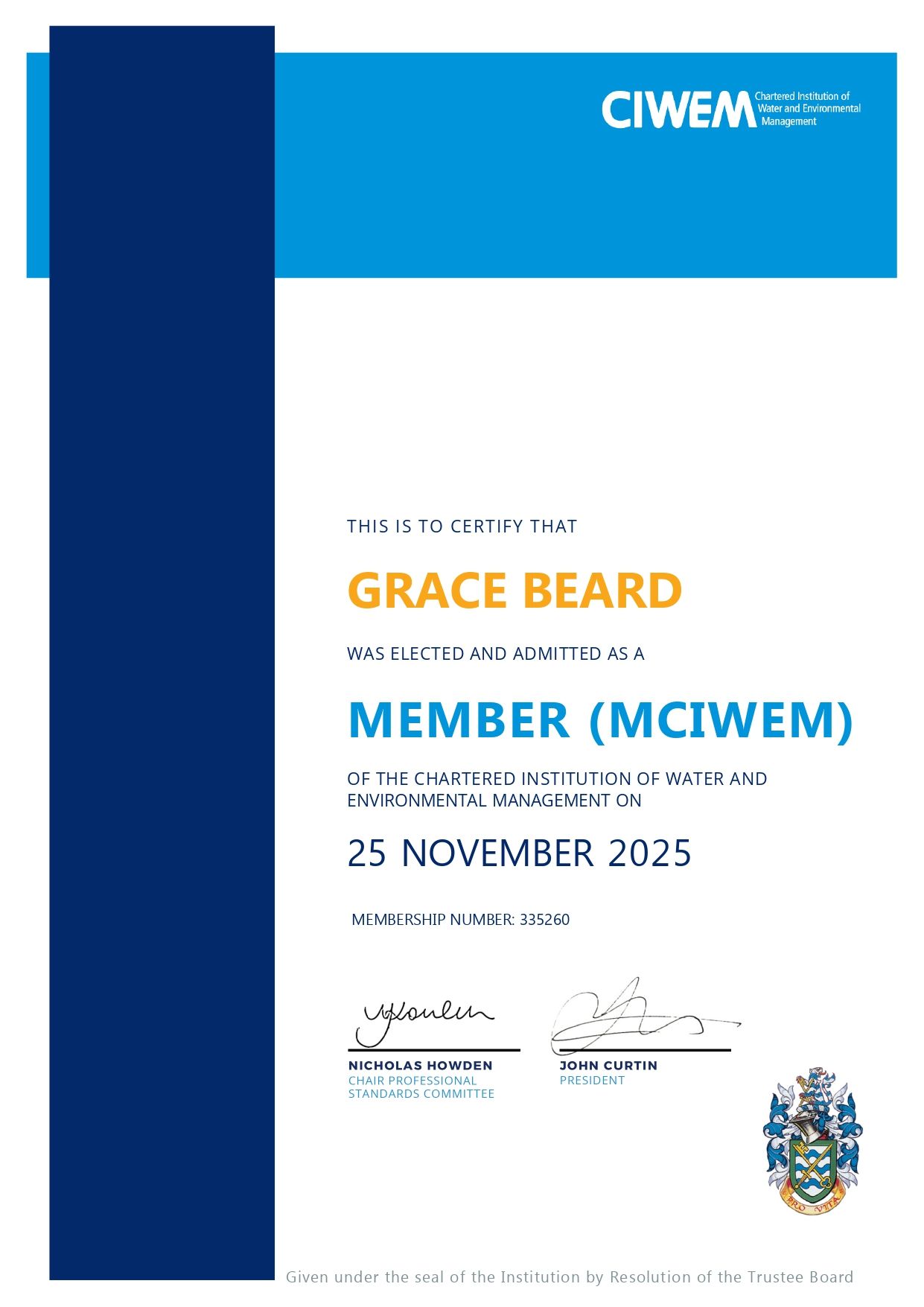 Certificate awarded to Grace Beard, confirming her election as a Member (MCIWEM) of the Chartered Institution of Water and Environmental Management on 25 November 2025.