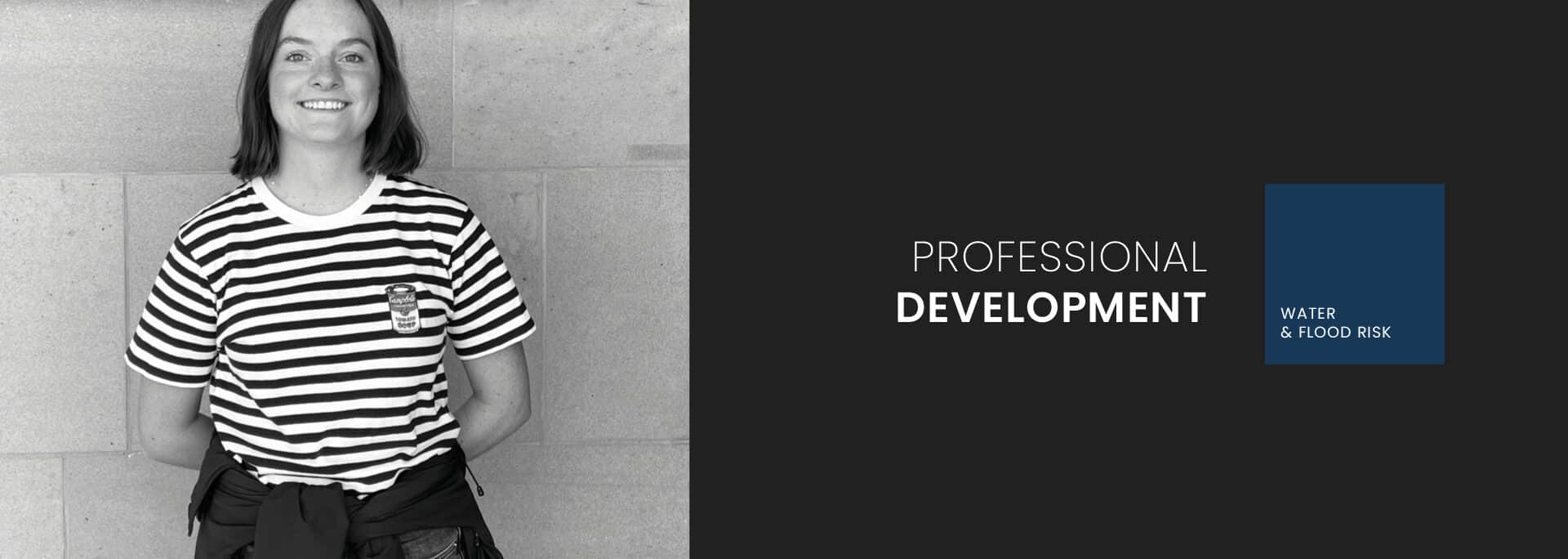 Grace Beard, Create Consulting Engineers consultant, smiling against concrete wall wearing striped shirt, having achieved full CIWEM membership.