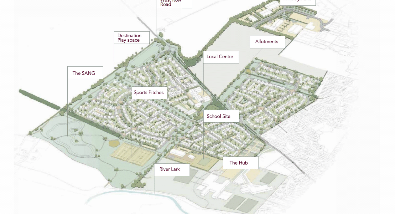 Illustrative layout plan for Mildenhall major mixed-use development showing 1,000 new homes, sports pitches, school site, local centre, and employment areas.