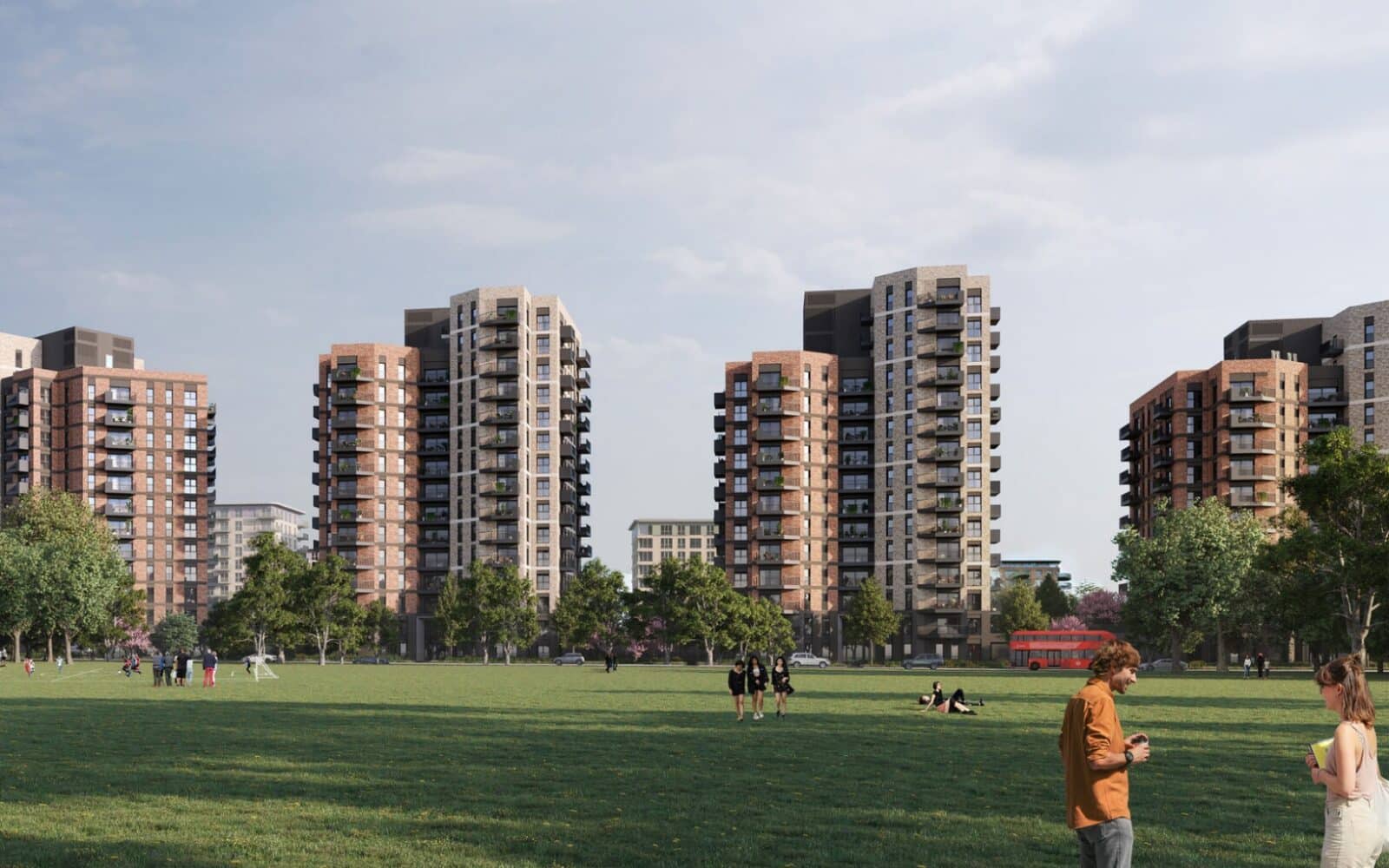 Kidbrooke Village Phase Five residential development featuring mixed-use brick and timber tower blocks with ground-level public green space and landscaping.