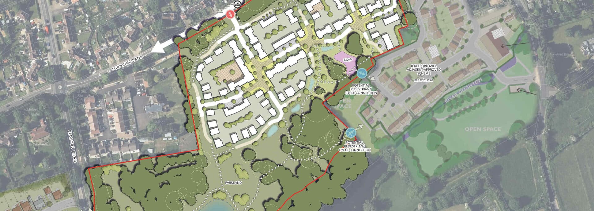 Aerial masterplan for Ickleford 100-home residential development showing building layouts, green space, and pedestrian connections.