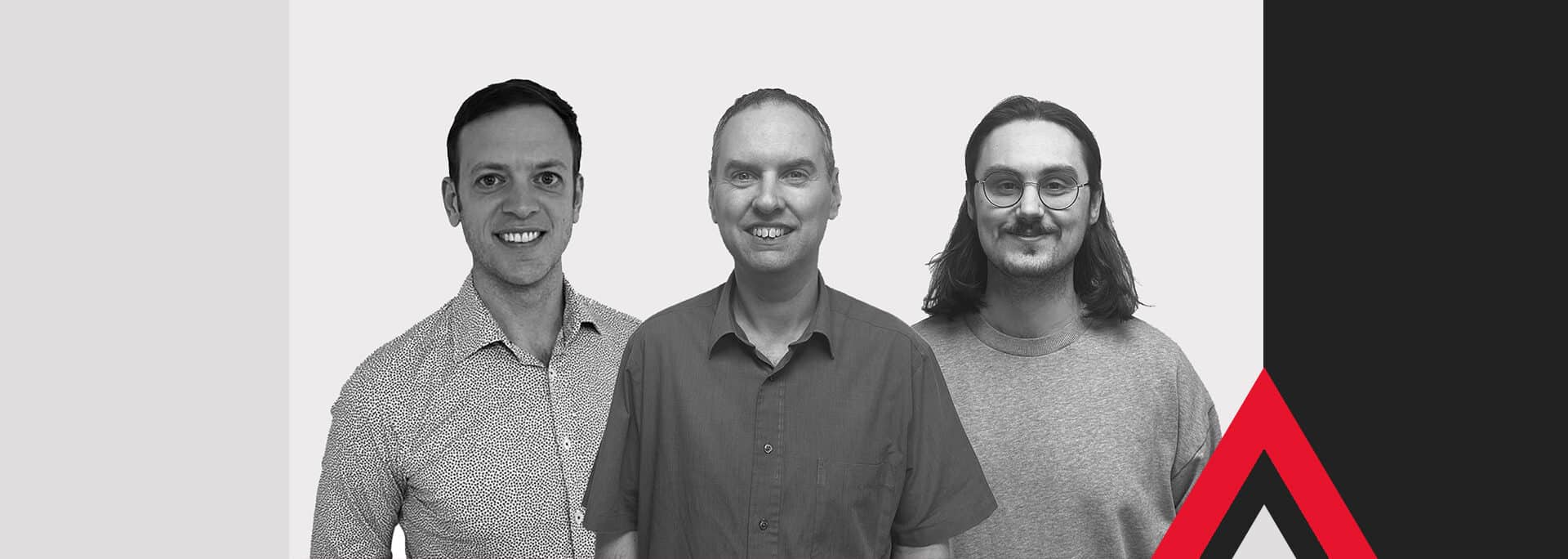 Three male professionals from Create Consulting Engineers smiling at camera in professional headshot style image announcing business promotions.