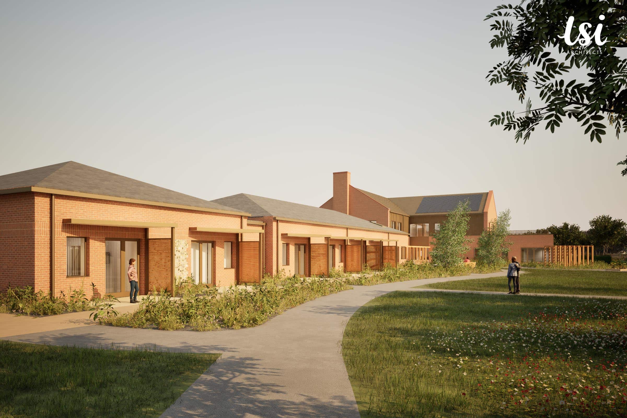 Artist impression of St Elizabeth Hospice in Gorleston showing brick building with pitched roofs and landscaped grounds.